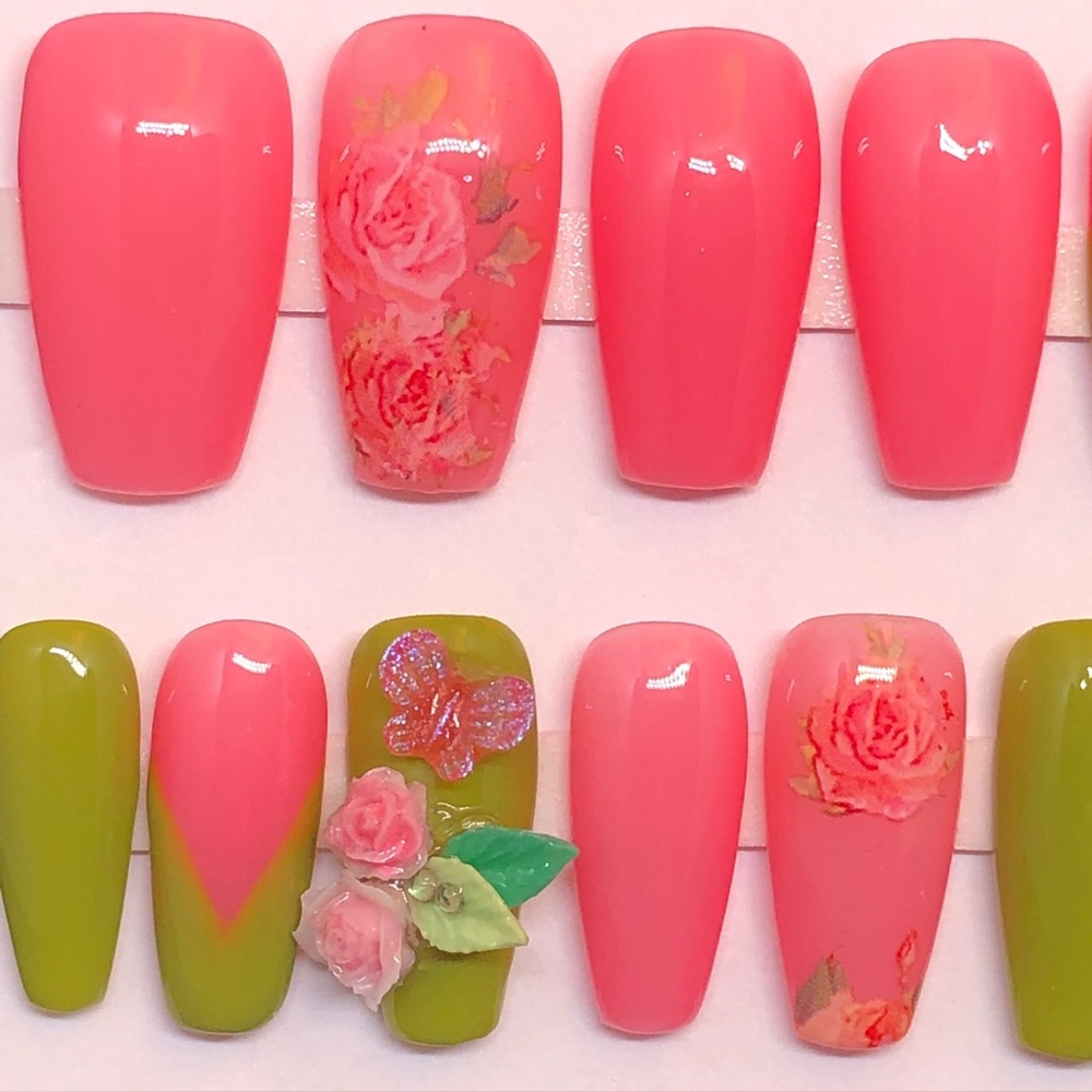 Custom Handmade Press On Nails UV Gel Long Coffin Pink Spring Roses Summer Nails - Picture 7 of 9